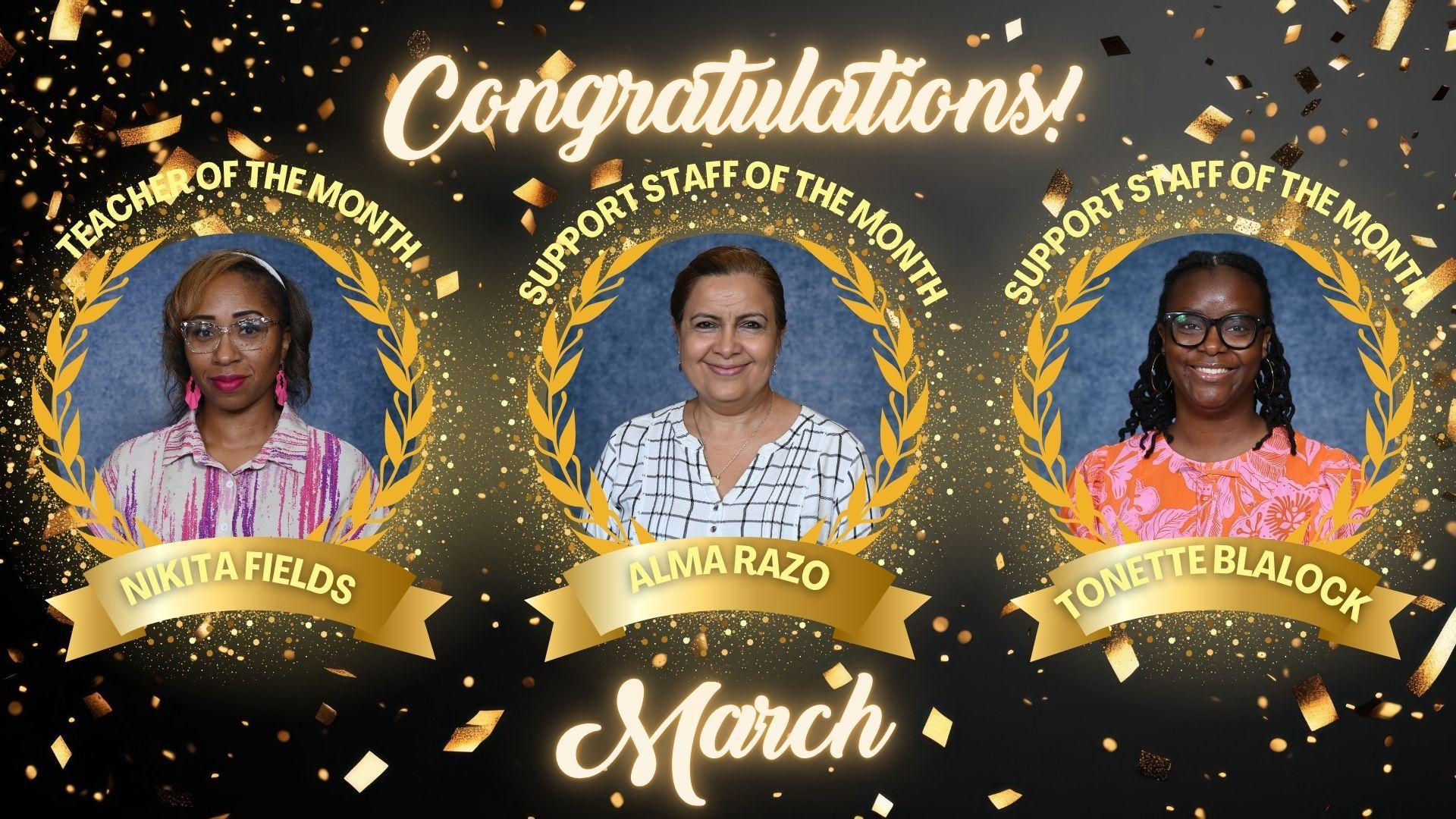 Three individuals celebrated as Teacher and Support Staff of the Month, with confetti and gold accents.