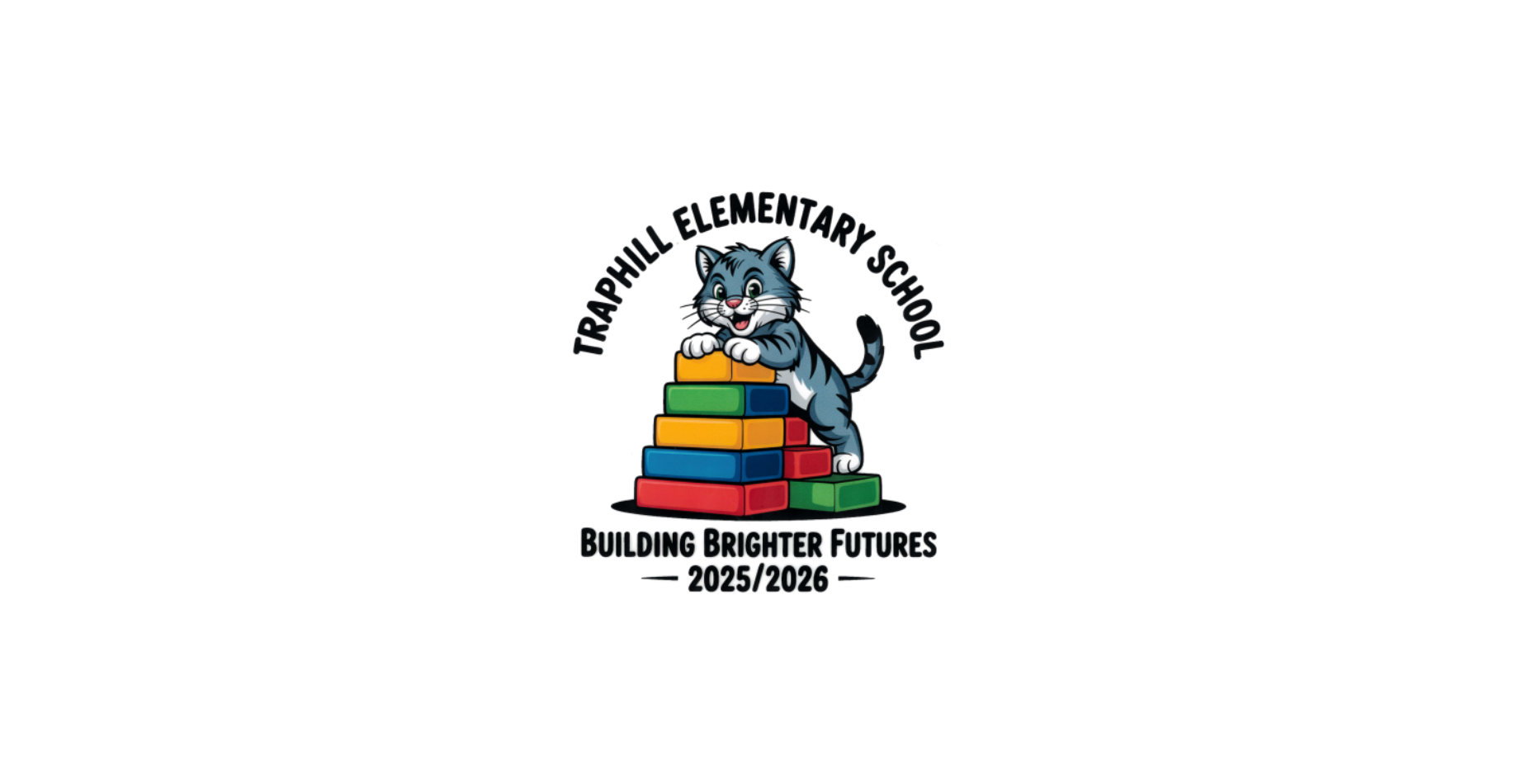 Logo for Trap Hill Elementary School featuring a cat on colorful blocks with text below.