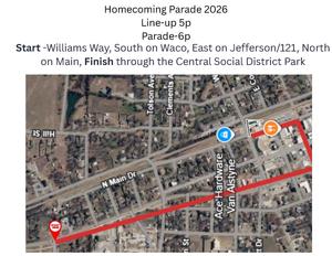 Map showing the route of the Homecoming Parade on September 9