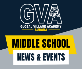 GVA Aurora logo with text saying Middle School News and Events on a blue and gray background