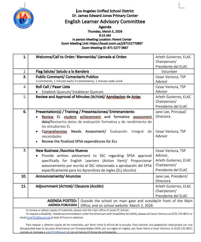 March 5, 2026 ELAC Agenda