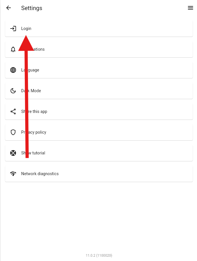 A bright red arrow pointing to a "Login" option.