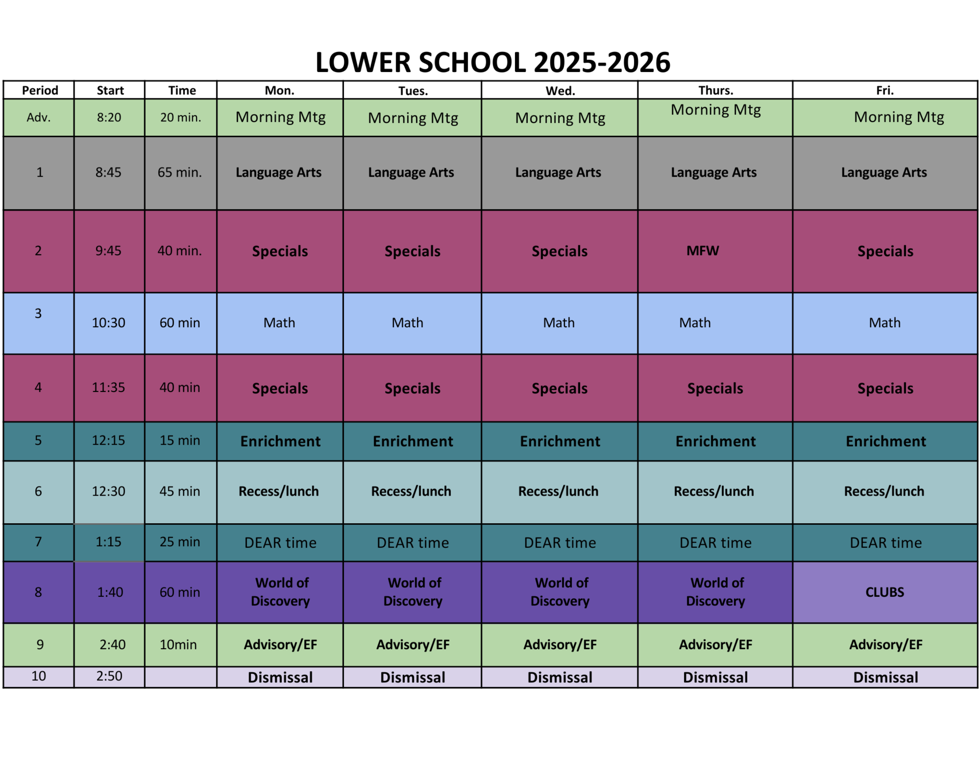 Lower School Schedule 2025-26