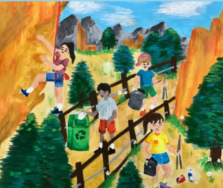Painting of people cleaning up an outdoor rock park