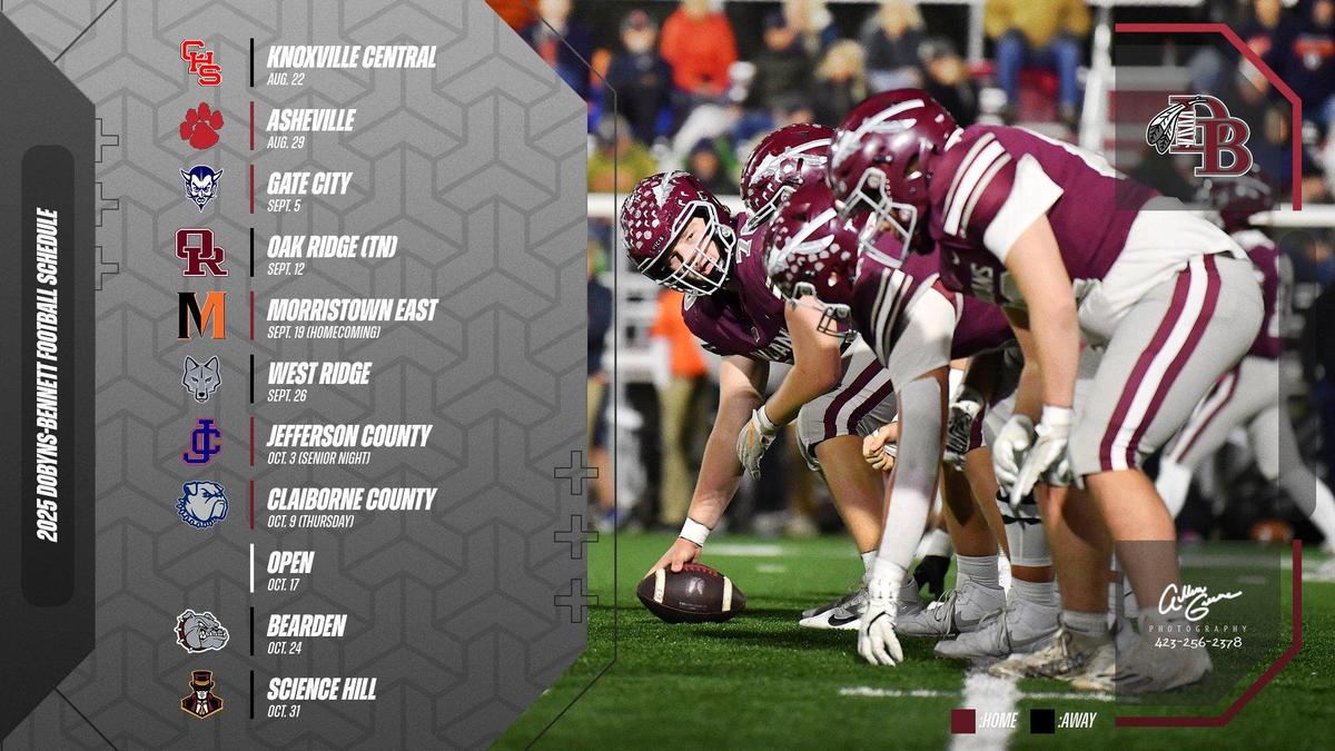 A graphic displaying the D-B football schedule.