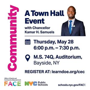specific details with location, time, for an upcoming town hall event