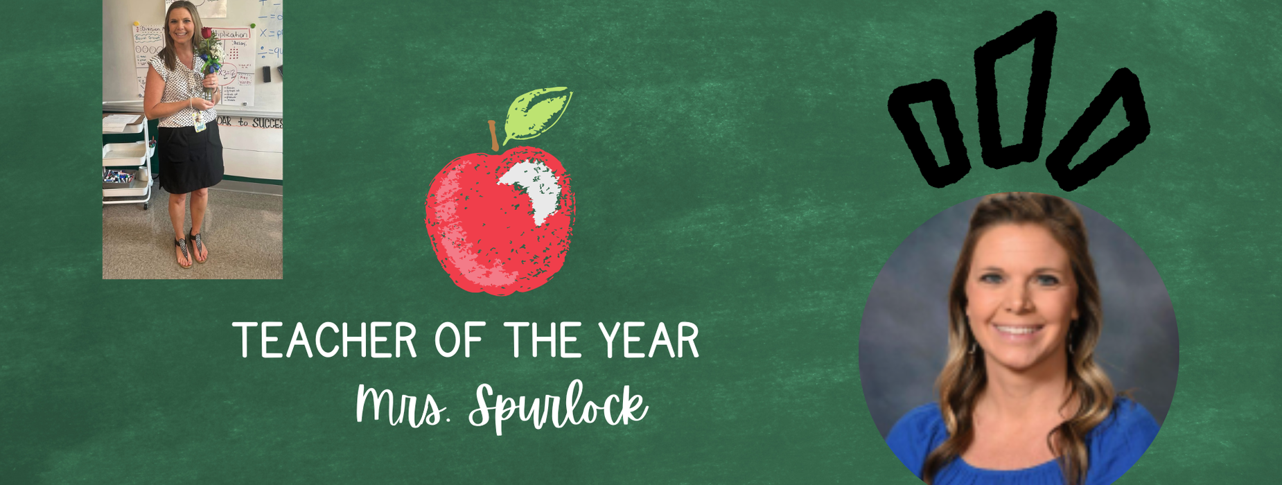 Collage showcasing Teacher of the Year with an apple, text, and a portrait.