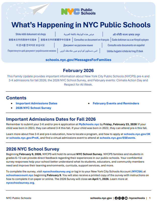 February 2026 NYCPS Family Update backpack letter.