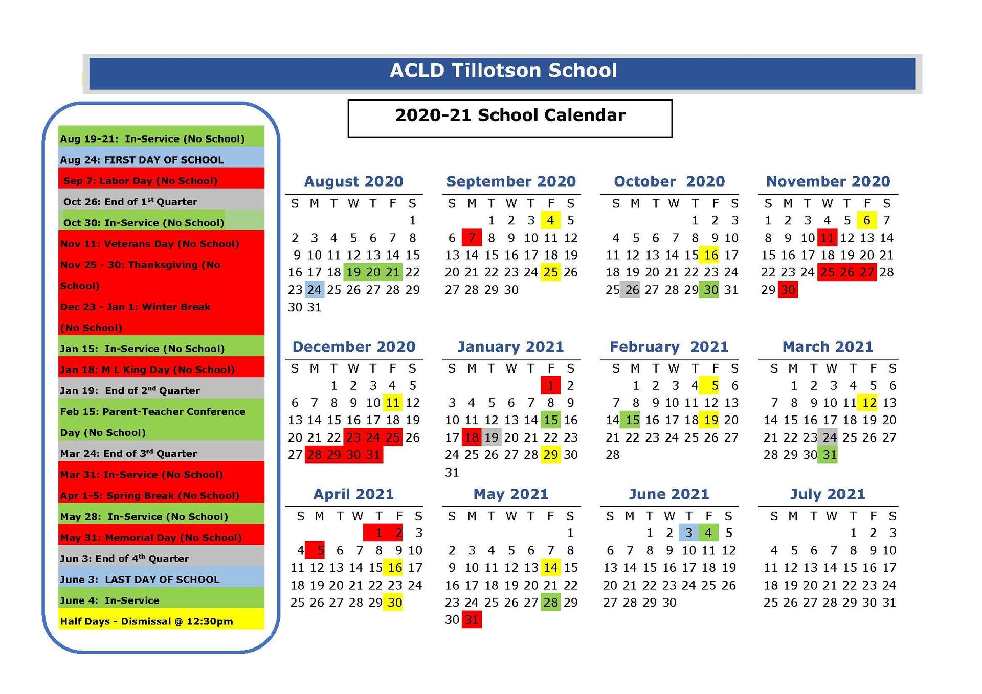 School Calendar 20202021 School Year ACLD Tillotson School