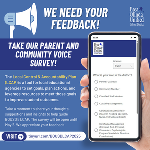 Blue background graphic with text on image. A white and blue megaphone is in the upper left corner with text \"We Need Your Feedback\" A hand is holding up a cell phone with BOUSD logo and sample survey on the screen of the cell phone.