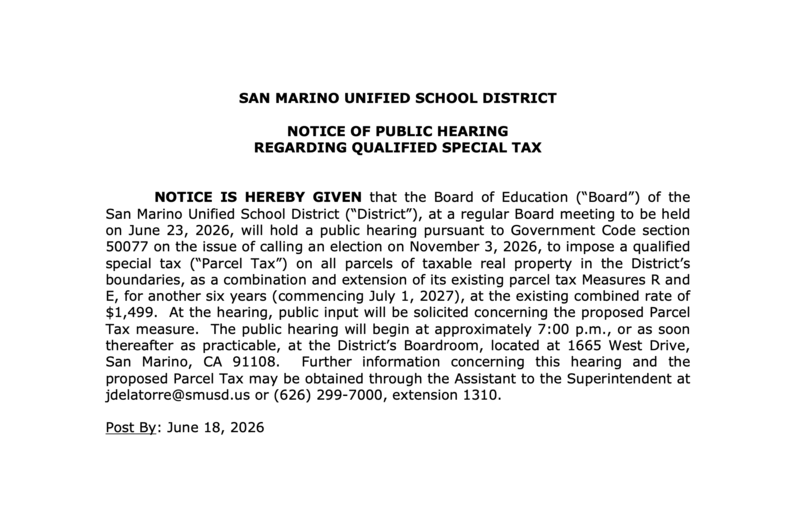 NOTICE OF PUBLIC HEARING REGARDING QUALIFIED SPECIAL TAX