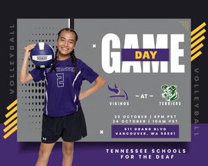 Cheerful girl in volleyball uniform promoting a game day event.
