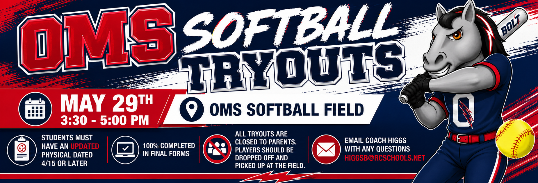 OMS Softball Tryouts.
May 29th 3:30 - 5:00 at the OMS Softball Field
Students must have an Updated physical to try out