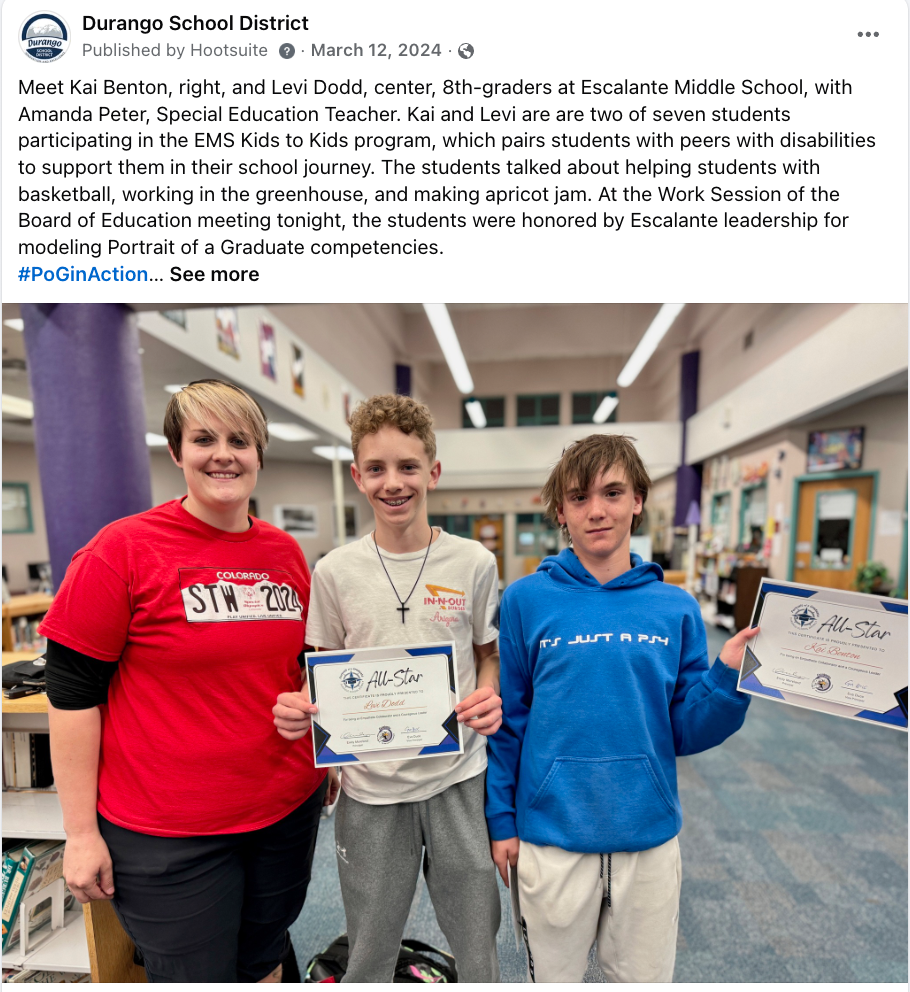 A facebook post shows a special education program at a middle school