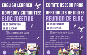 Flyer for ELAC Meeting on Tuesday 9/9/26 via zoom @ 9 am