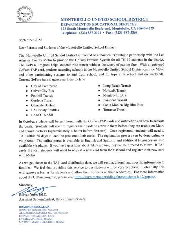 LA County Metro GoPass program announcement letter letter