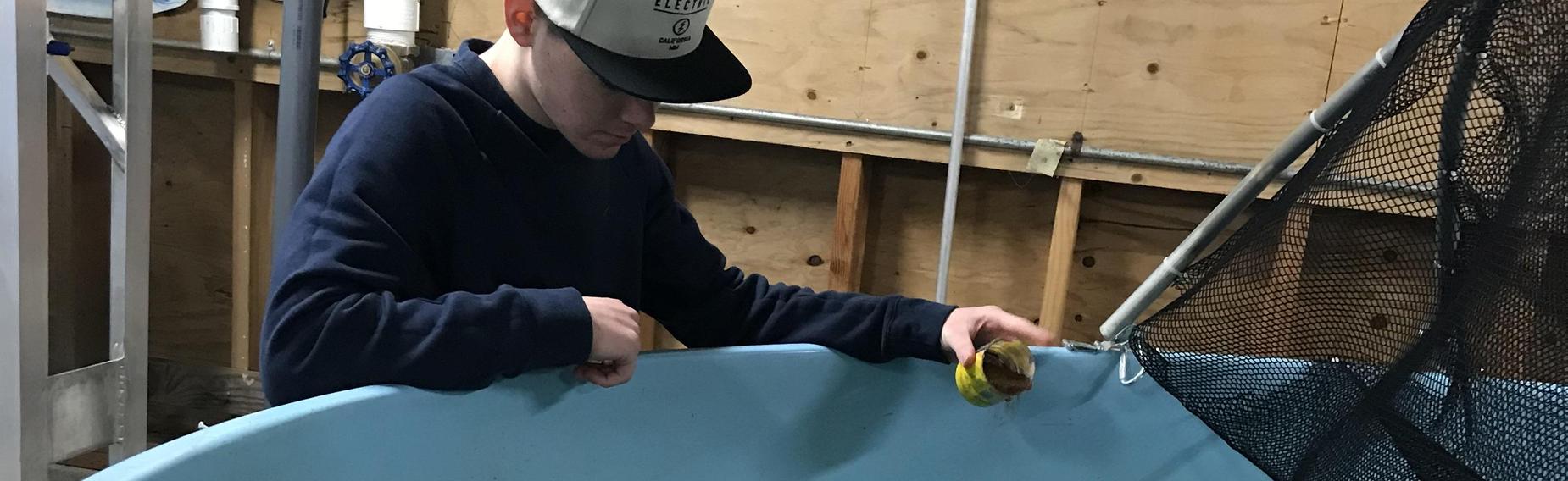 Student Feeding Fish