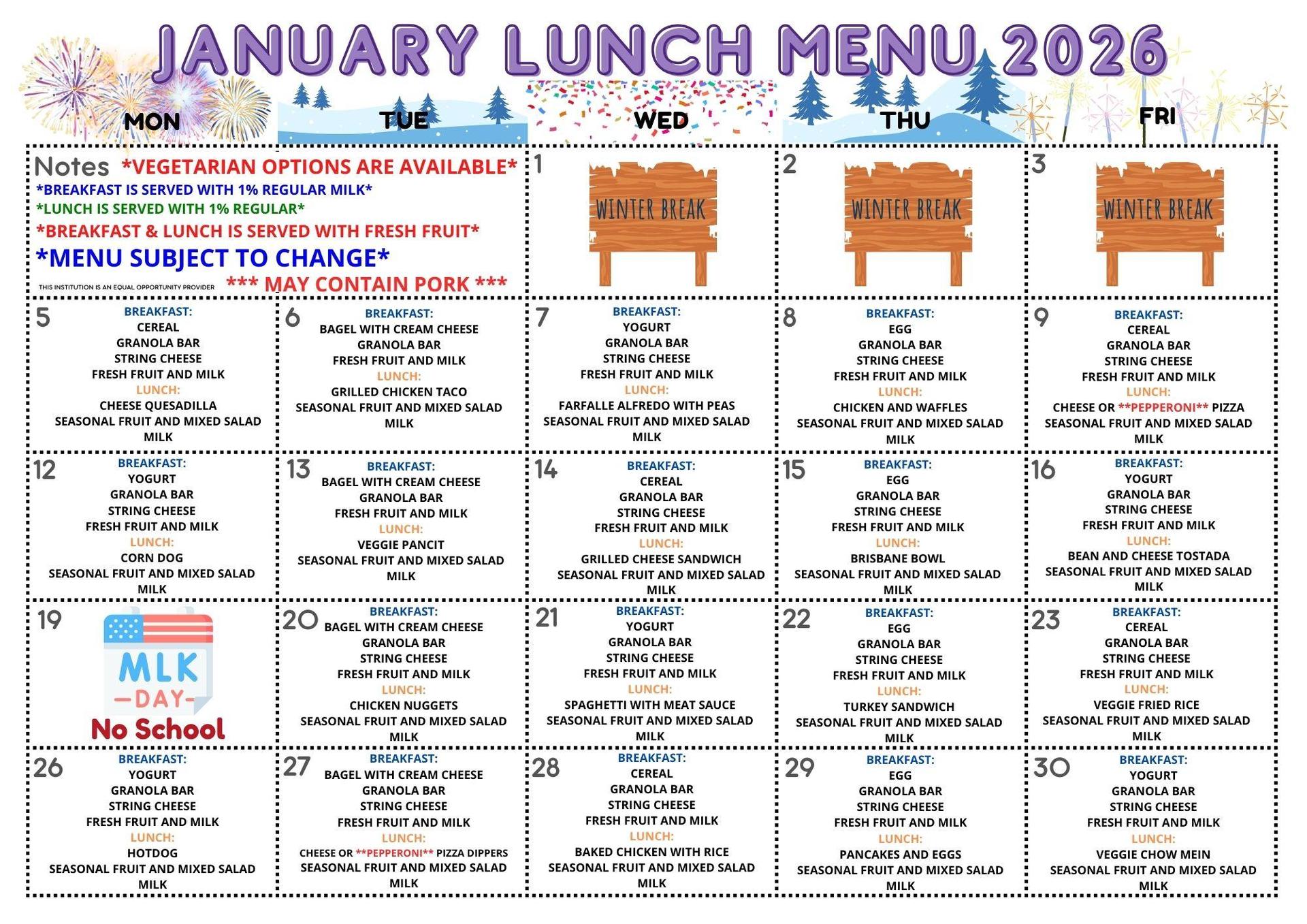 Meal Calendar – Lunch Program – Brisbane School District