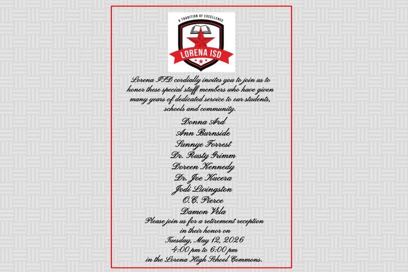 Invitation to honor retiring staff members at Lorena ISD event