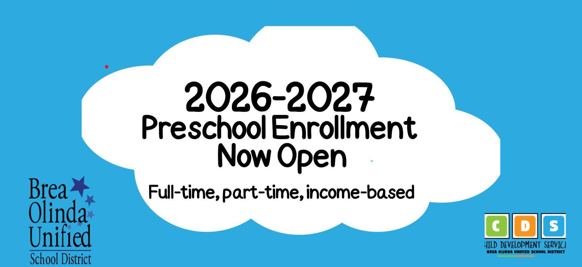 Cloud-shaped banner promoting preschool enrollment for 2026-2027 with logos.