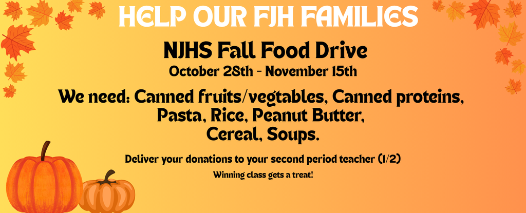 Text announcement for NJHS Fall Food Drive with pumpkins and autumn leaves.