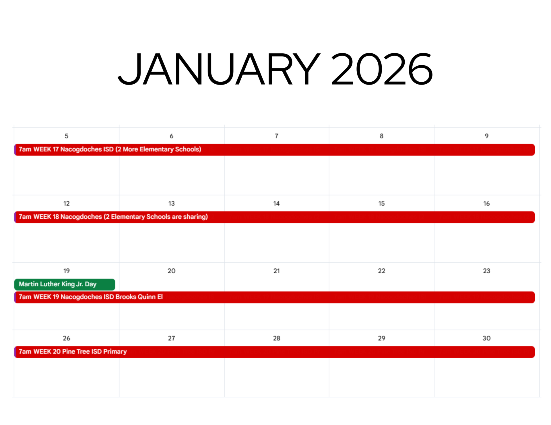 JANUARY 2026 calendar.  All weeks have been reserved.  