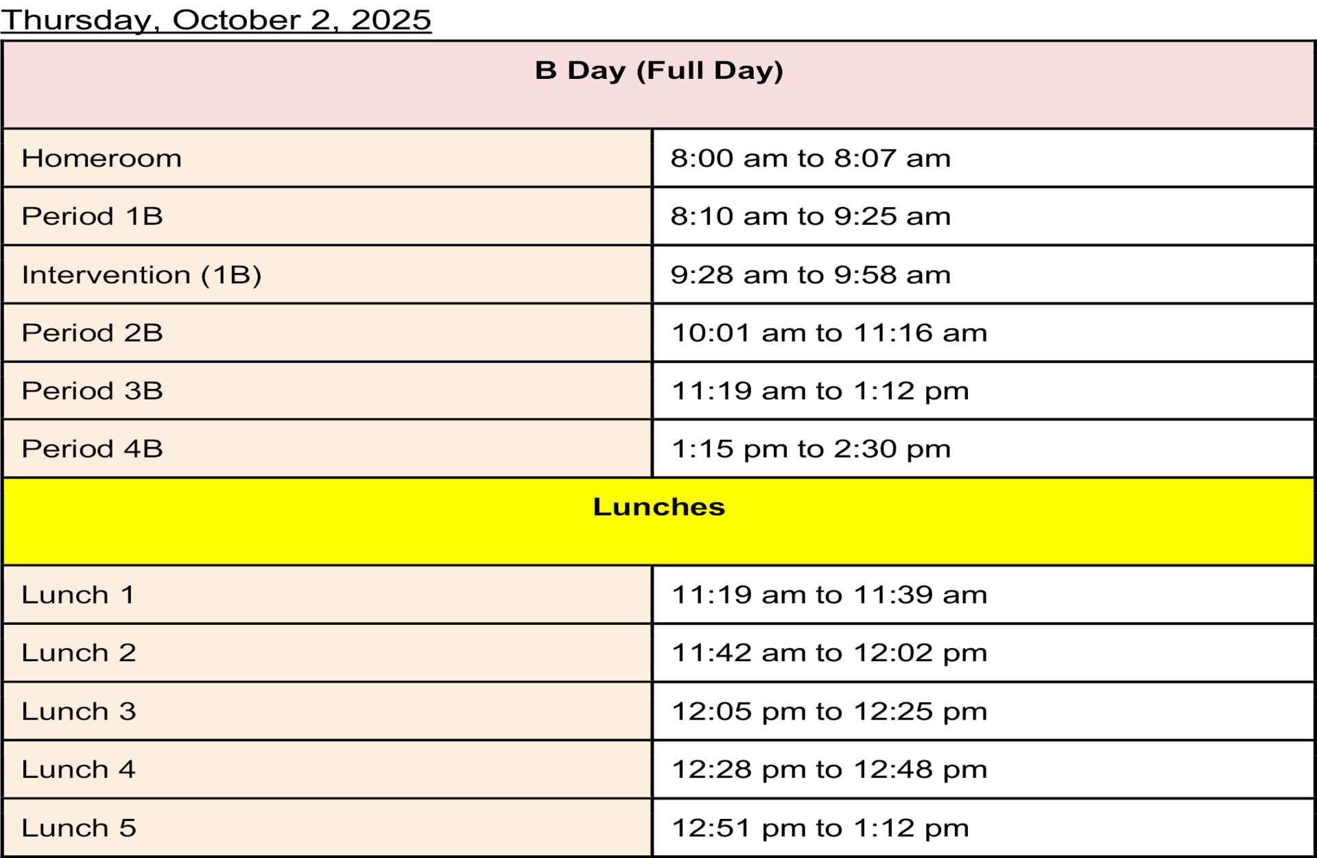 Schedule for B Day with periods and lunch breaks