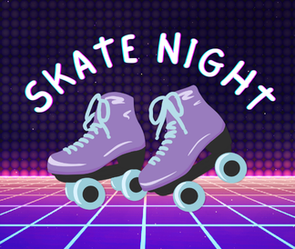 Skate Night with purple roller skates on a retro background