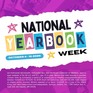 National Yearbook Week text over a purple background with torn page graphic effect