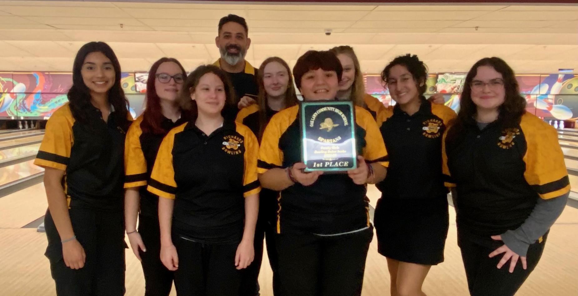 Coach Ed Fink and the Richards varsity girls bowling team won first place at the Bremen and Oak Lawn tournaments!