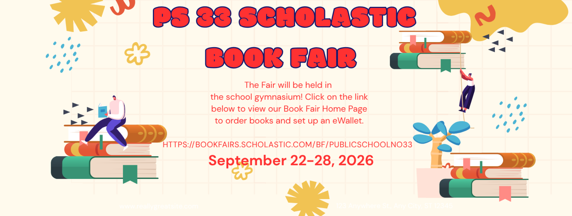 Event announcement for PS 33 Scholastic Book Fair with colorful graphics and text.