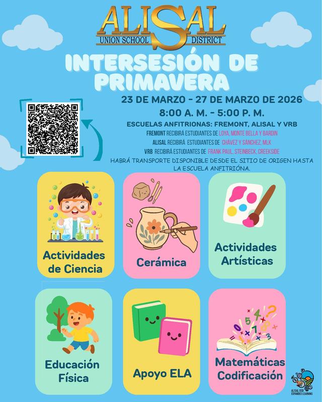 Flier promoting Spring Intersession classes from March 23-27 in Spanish