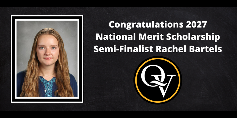 Yearbook Photo of a girl with long blonde hair. Image announces Rachel Bartels as a National Merit Scholarship Semi-Finalist for 2027.