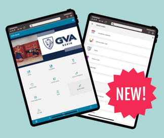 Two phone screens displaying sample pages from the new Edlio app with sunburst saying New!