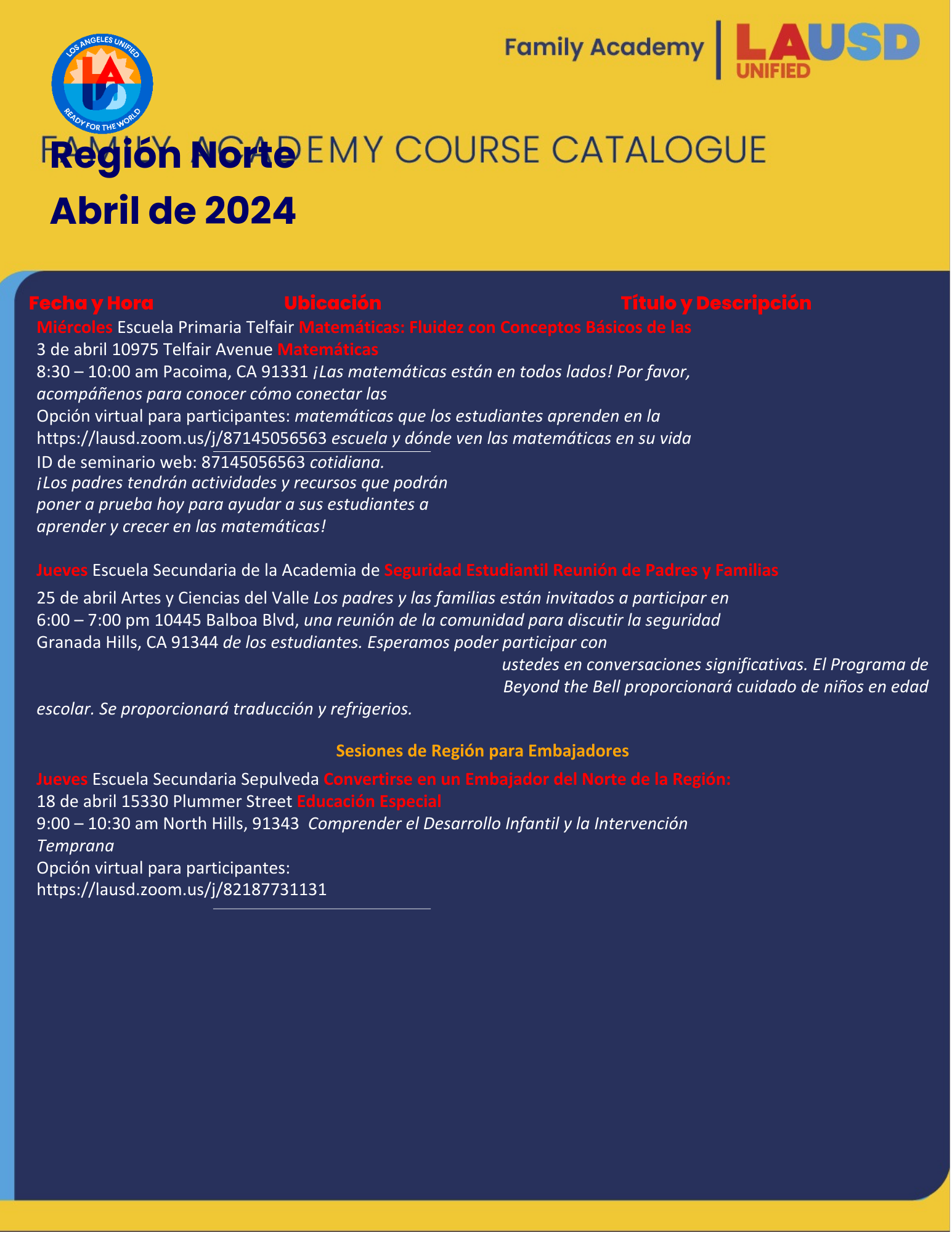 Region North Family Academy Course Catalog April Bertrand Avenue