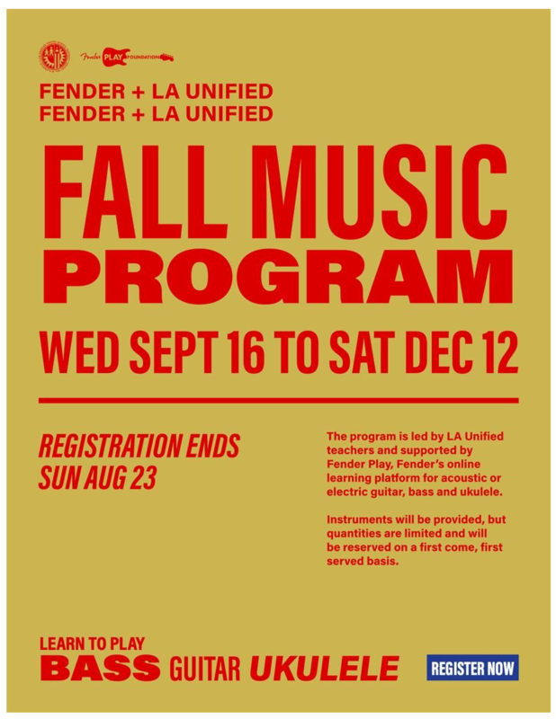 Fender-LAUSD Fall 2020 Music Program for Middle School Students/Programa de música Fender-LAUSD Otoño 2020 para estudiantes de secundaria Featured Photo