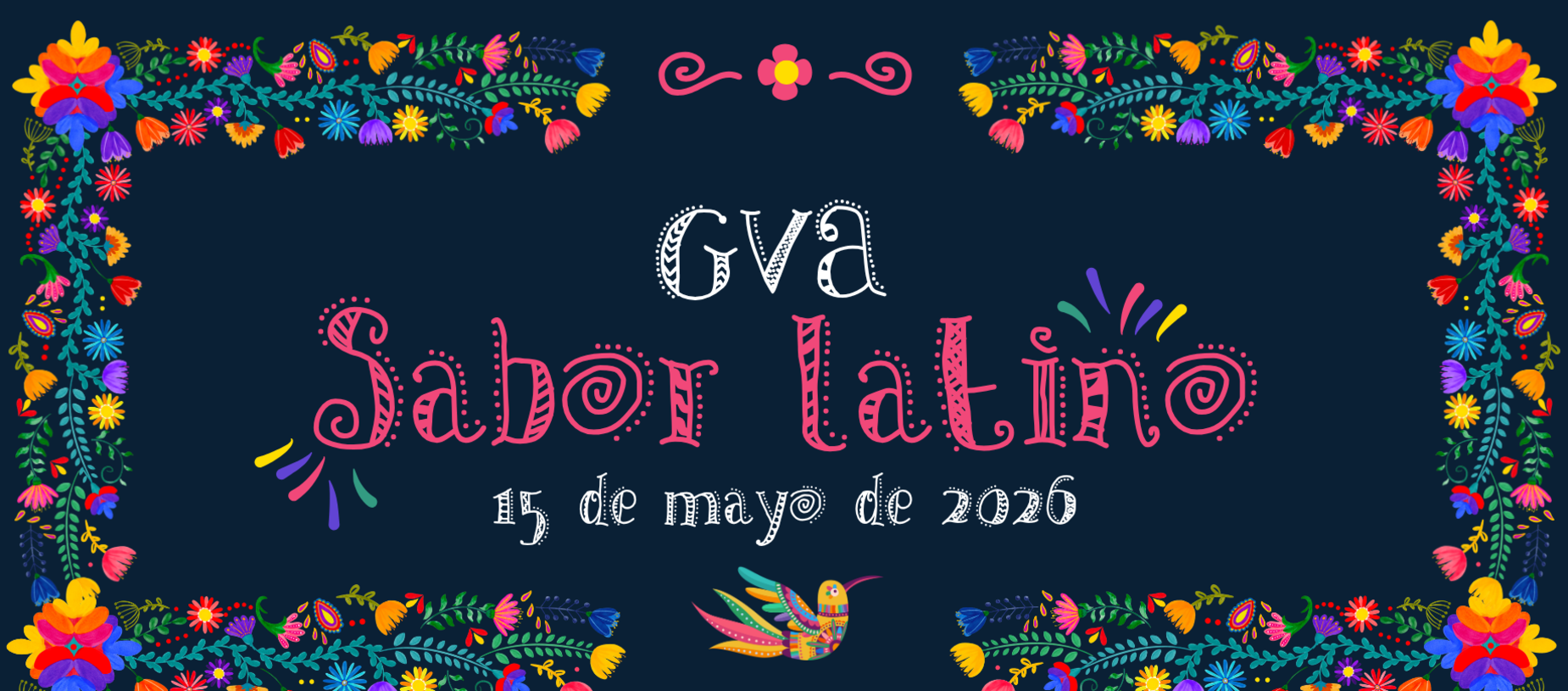 Colorful floral design with the text 'Sabor latino' and date '15 de mayo de 2020'.