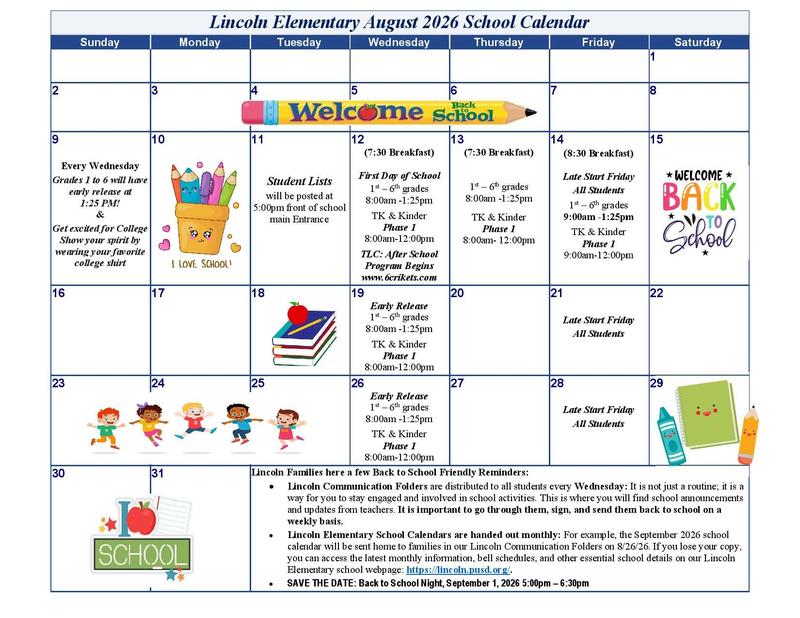 Lincoln Elementary August Calendar