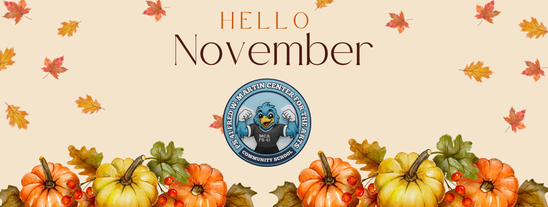 Fall-themed design with pumpkins, autumn leaves, and 'Hello November' text.