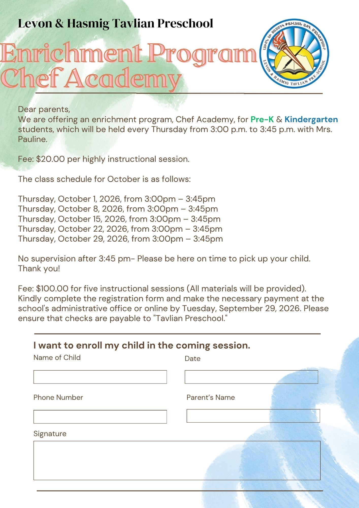 Enrichment Program Chef Academy - PRE-K & KG