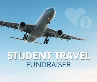 Blue sky with airplane and text saying Student Travel Fundraiser