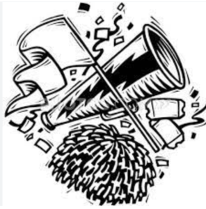 A megaphone and pompom with confetti and streamers.