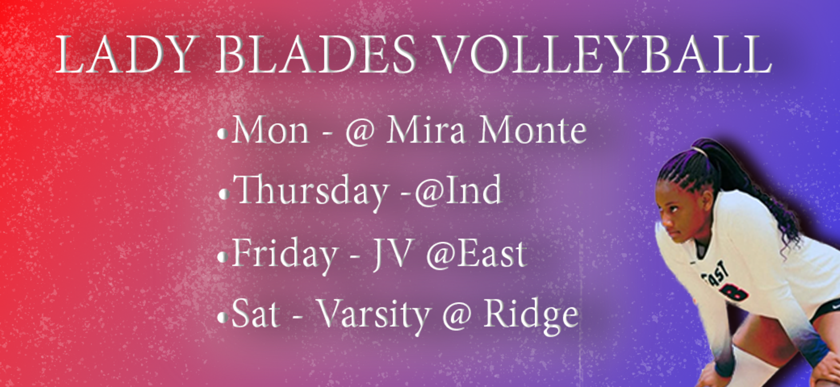 Graphic featuring volleyball schedule and player in action.