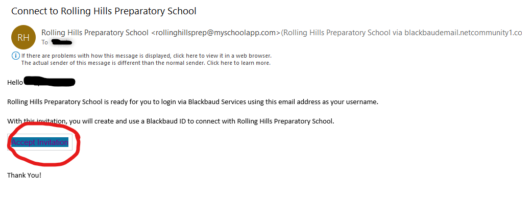 E-mail from Blackbaud asking users to "Accept Invitation" for Blackbaud ID.