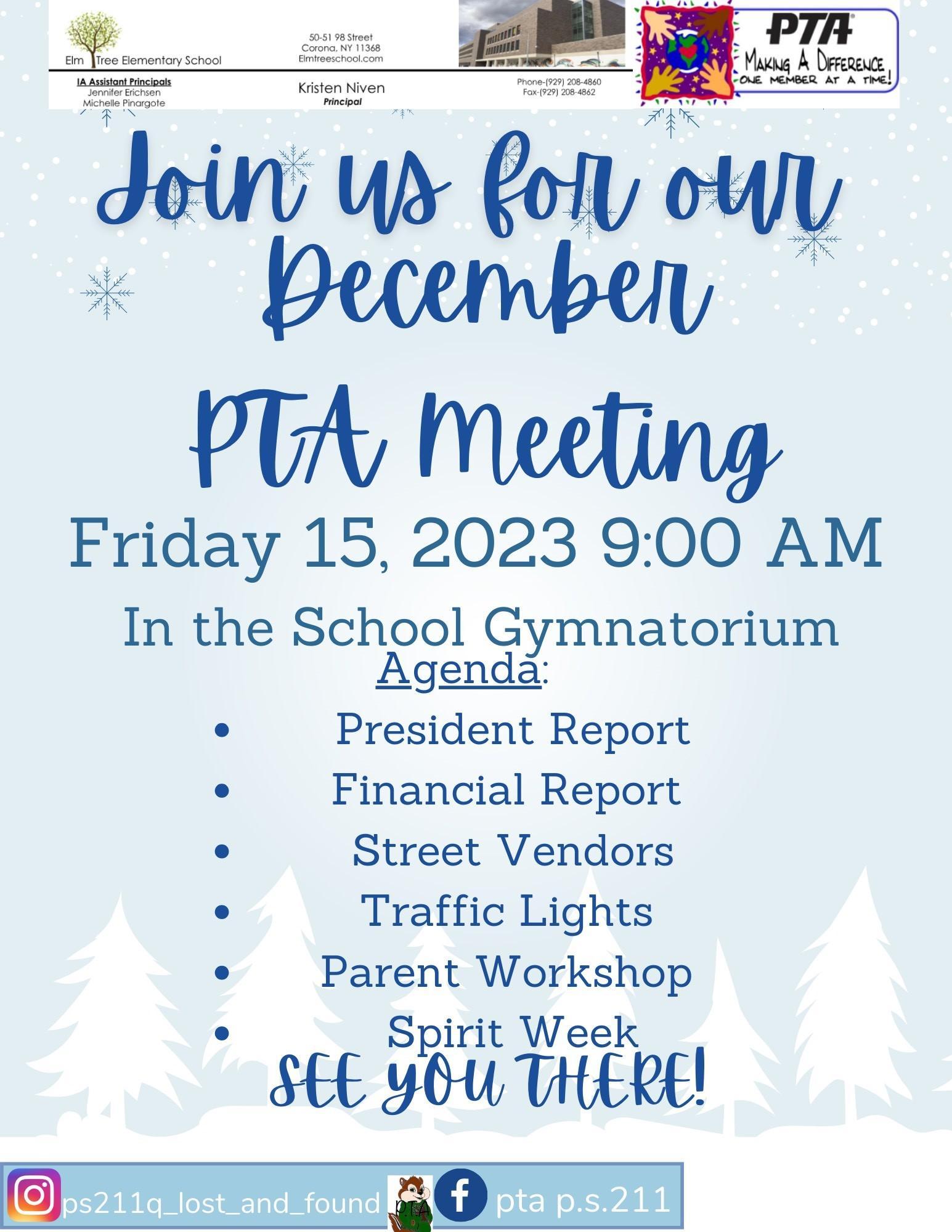 December 15th, 2023 - P.S. 211 December 2023 Parent Teacher Association  (PTA) Meeting – P.S. 211 School-Wide Events (Current School Year) – Elm  Tree Elementary School