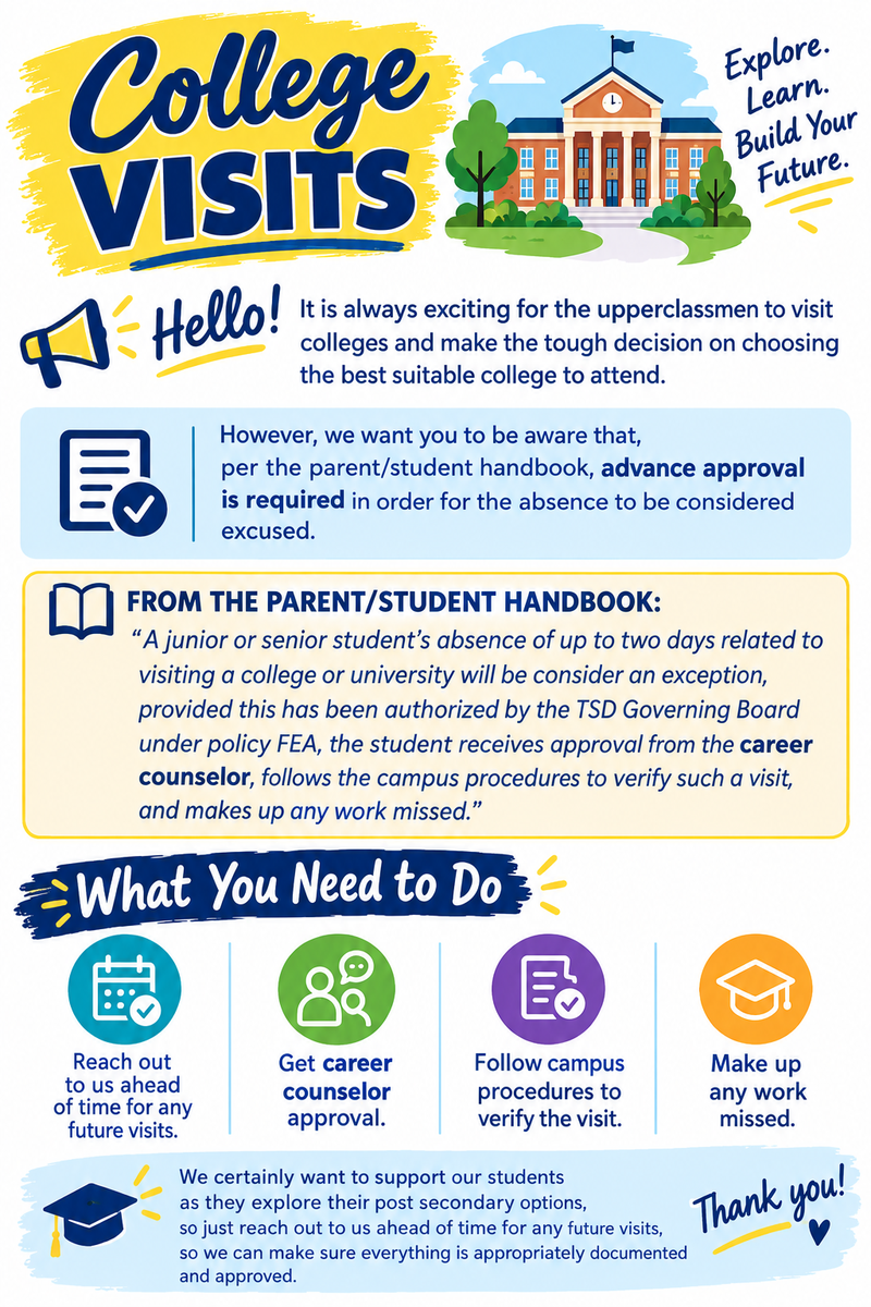 Colorful flyer about college visits with helpful tips and guidelines.