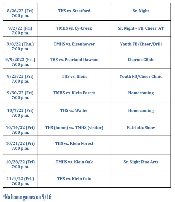 2022 2023 Varsity Home Football Schedule Tomball ISD Stadium 
