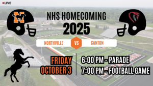 Sports Den Field with text overtop promoting the homecoming football game on friday, october 3.