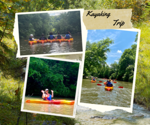 Students kayaking on the new river with teacher