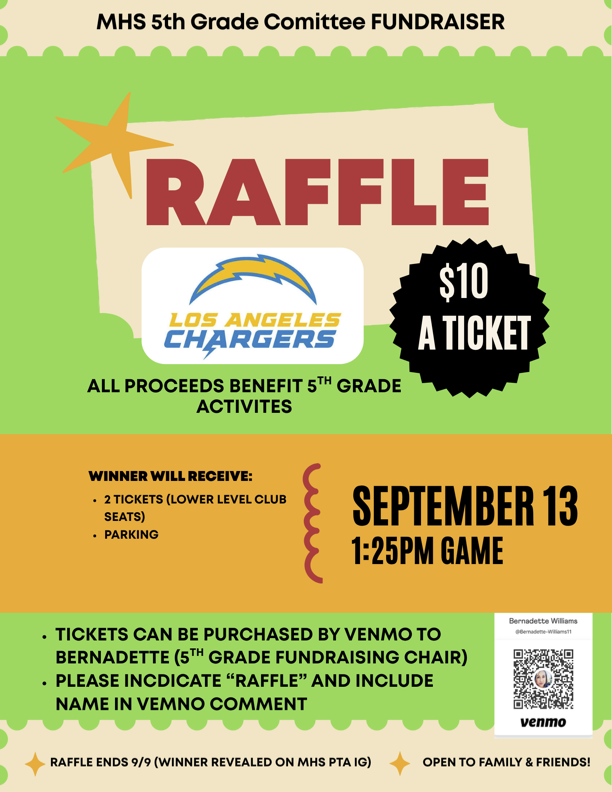 5th Gr. Fundraiser - Opportunity Drawing - LA Chargers Tickets Only $10 a ticket Featured Photo